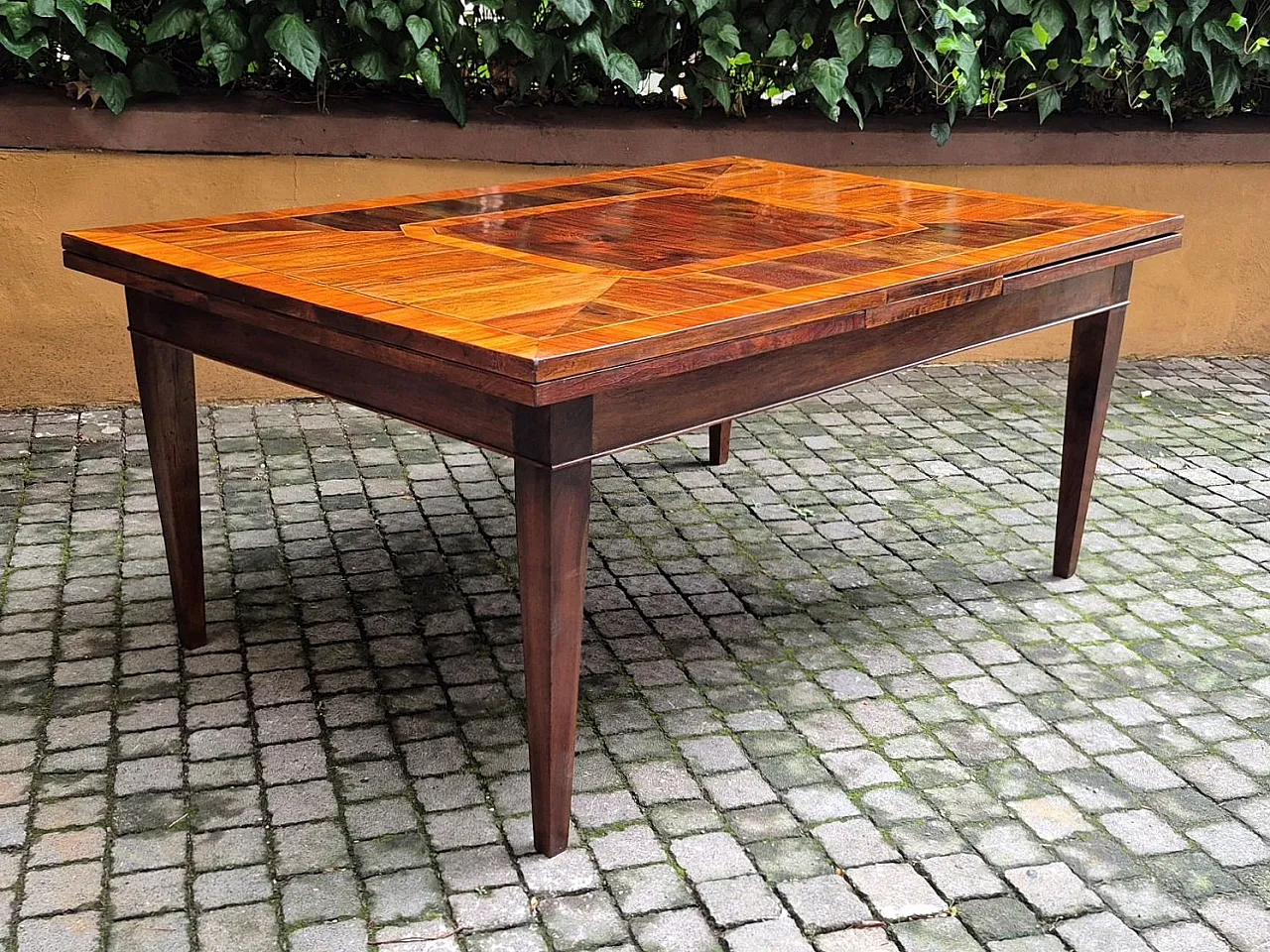 Table with walnut and cherry wood veneer and inlay, 19th century 8