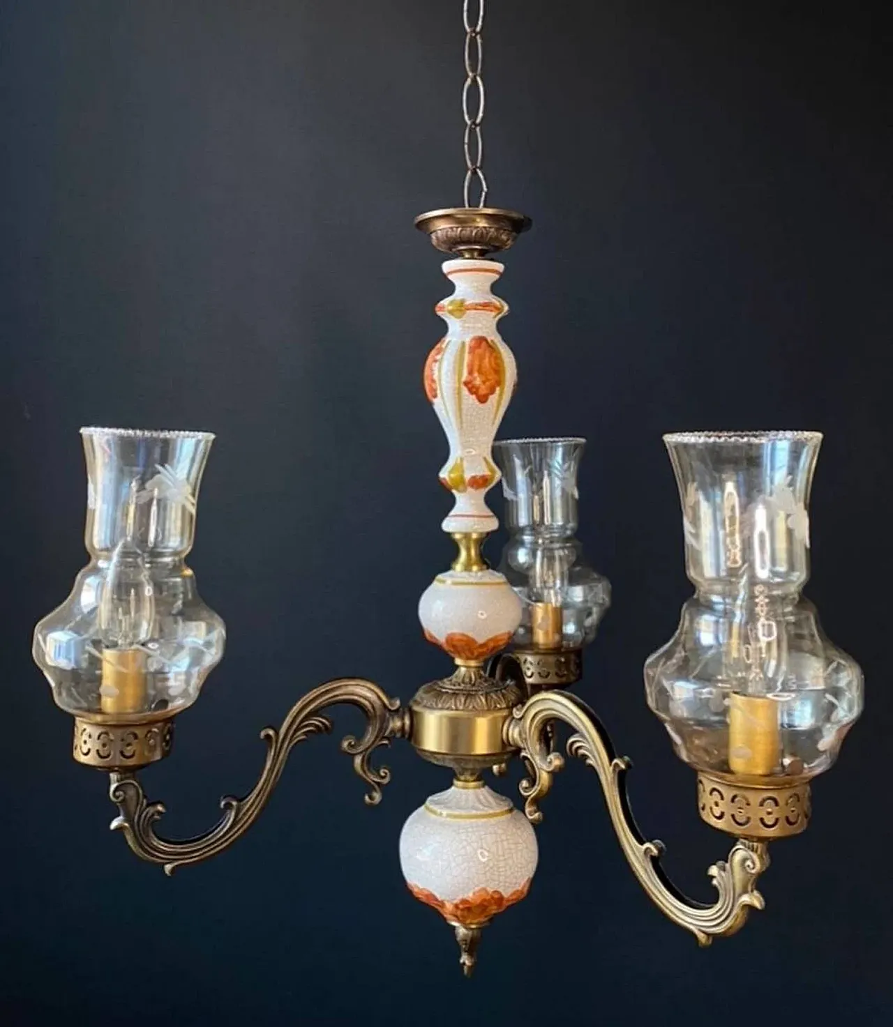 Chandelier in ceramic, brass and glass with three lights, anni '60 2