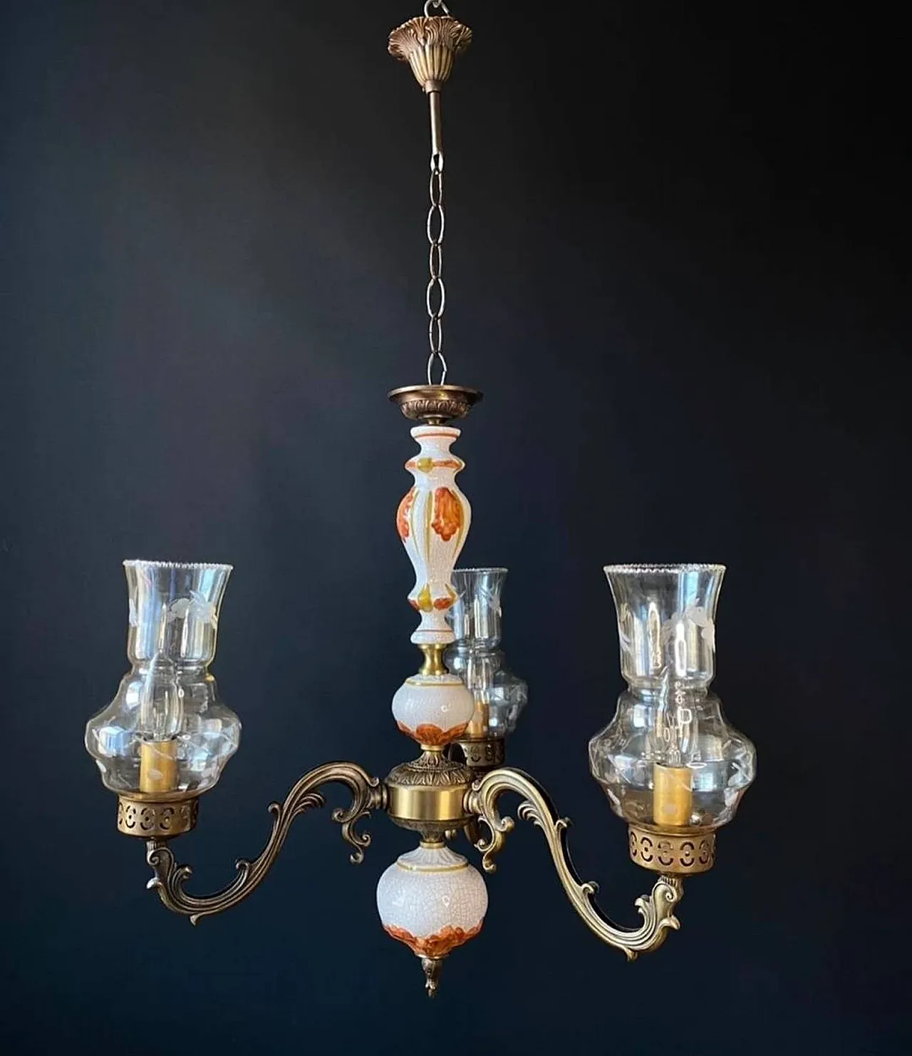 Chandelier in ceramic, brass and glass with three lights, anni '60 3