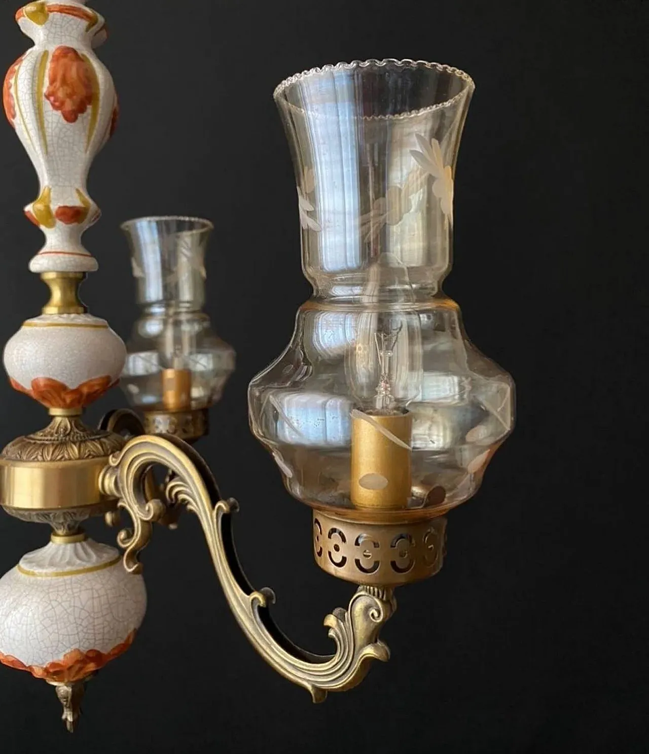 Chandelier in ceramic, brass and glass with three lights, anni '60 7