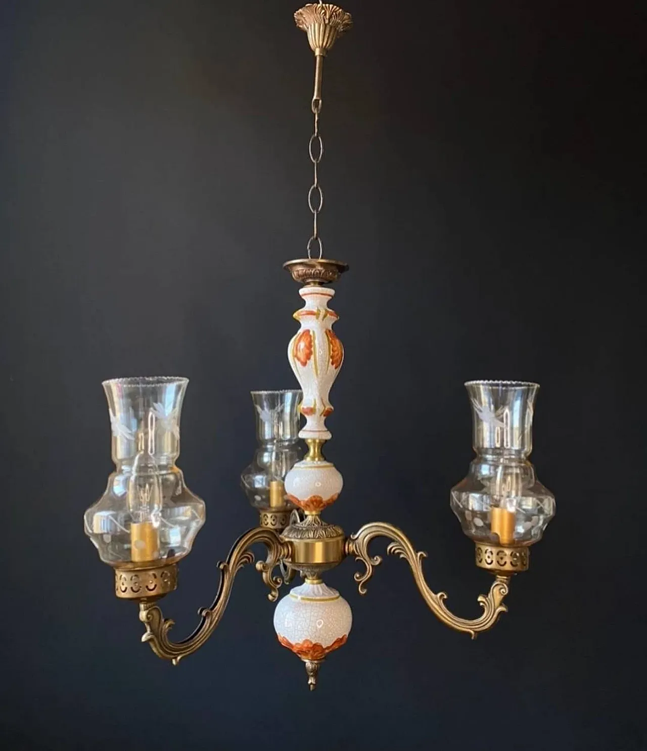 Chandelier in ceramic, brass and glass with three lights, anni '60 8