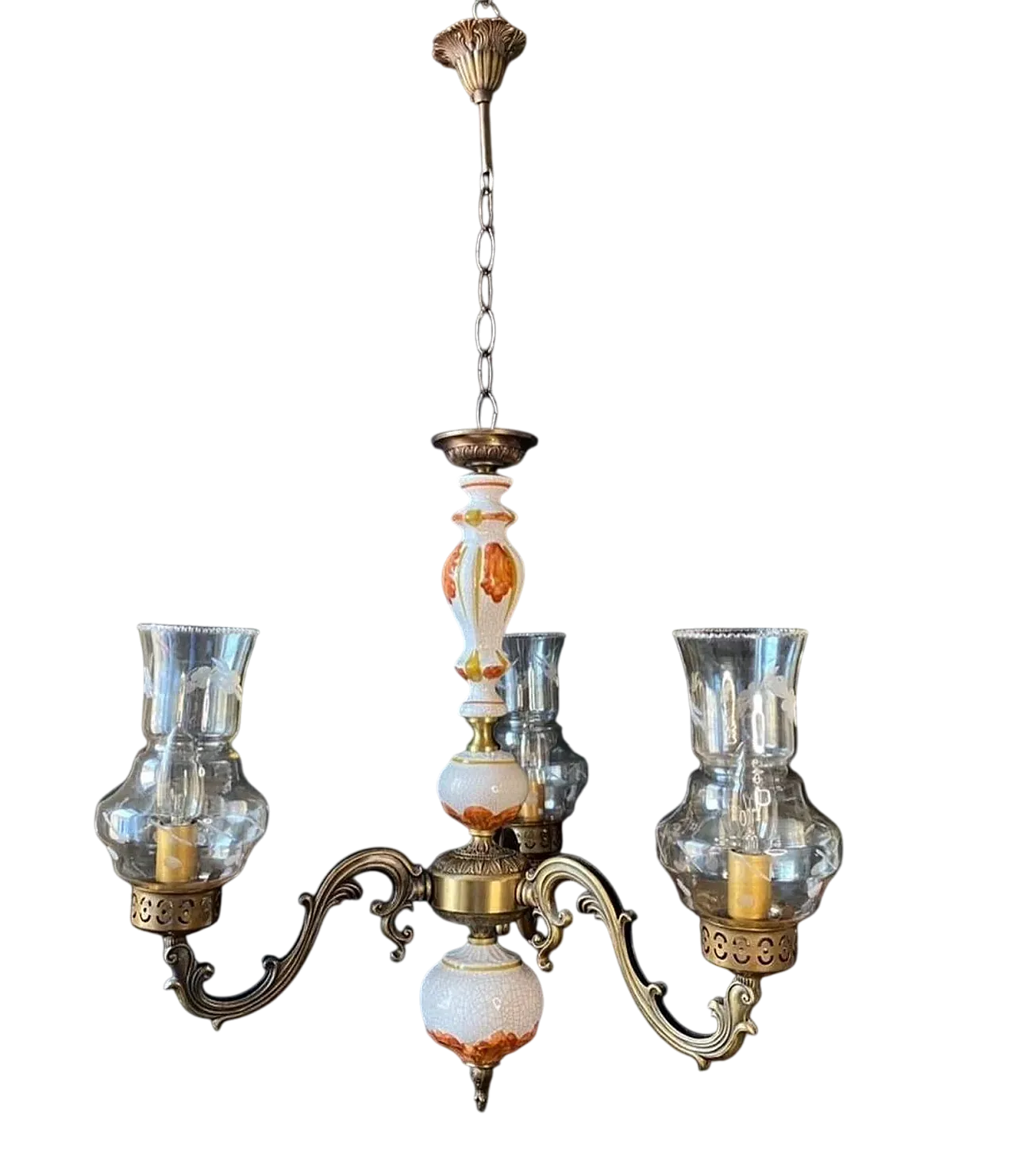 Chandelier in ceramic, brass and glass with three lights, anni '60 9