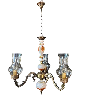 Chandelier in ceramic, brass and glass with three lights, anni '60