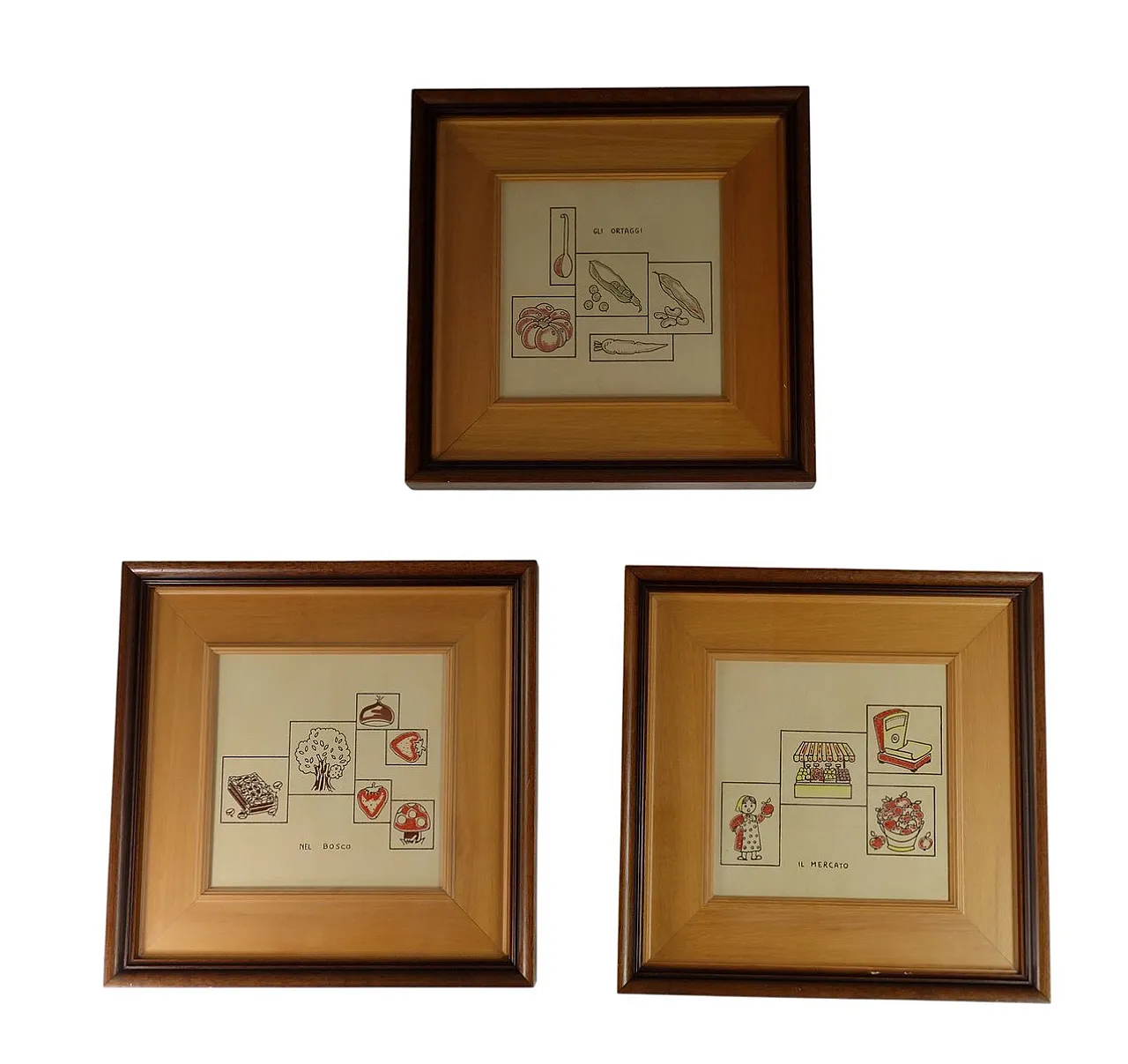 3 Piastrelle Art Naif in ceramica dipinta con verdure, anni '70 1