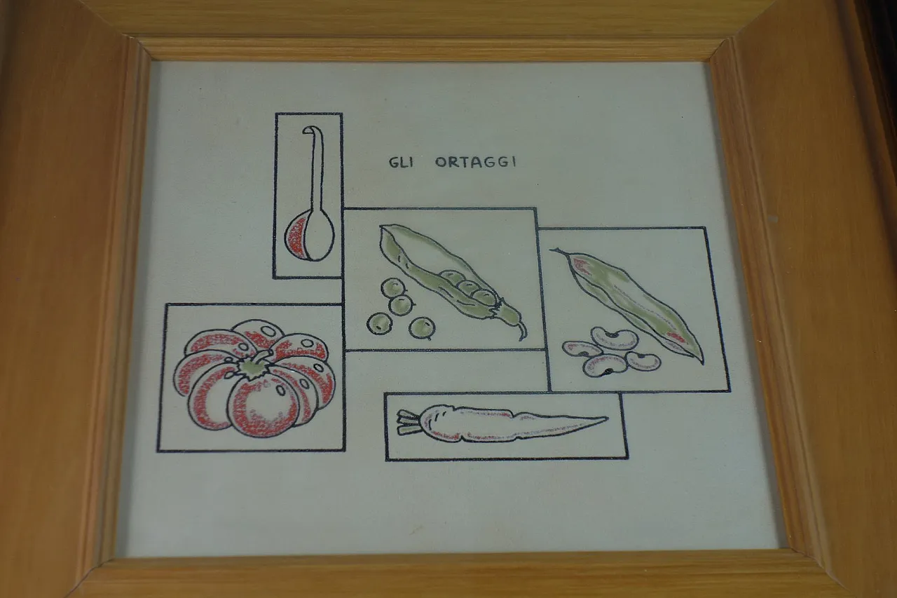 3 Piastrelle Art Naif in ceramica dipinta con verdure, anni '70 7