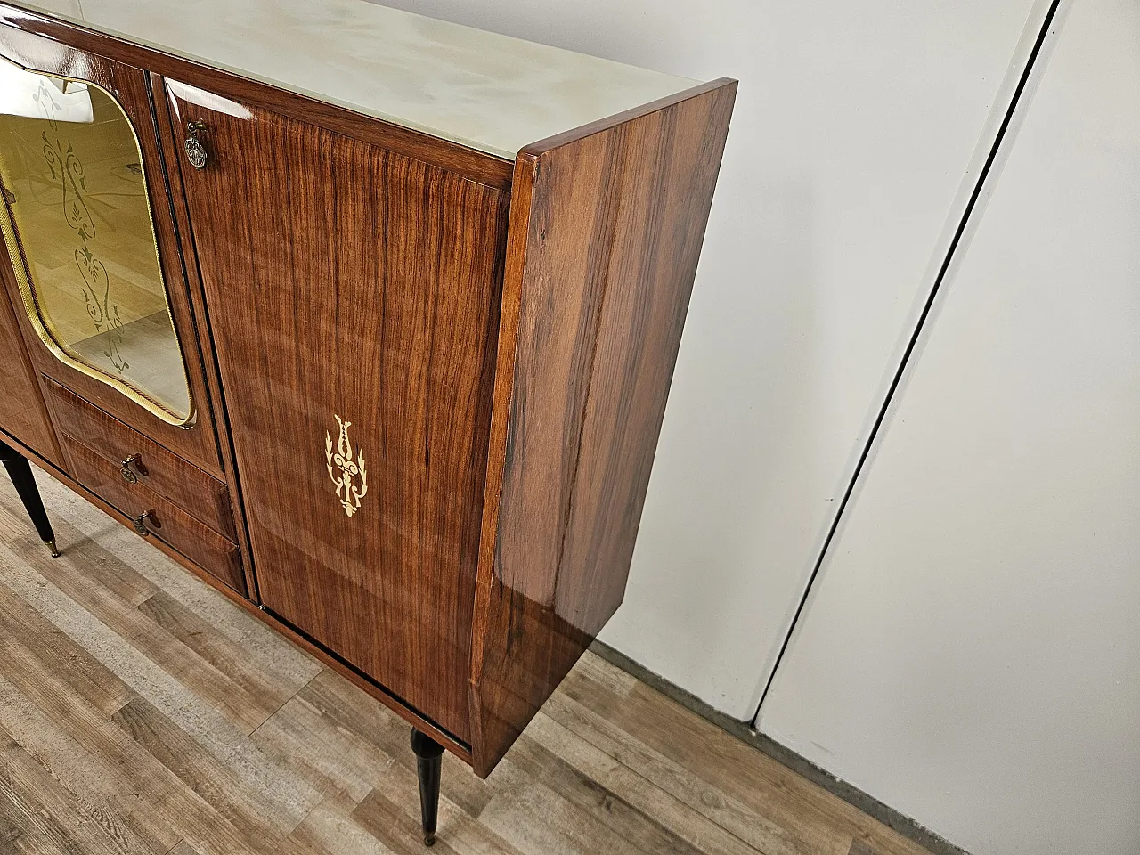 Mid Century showcase covered in mahogany with glass top 2
