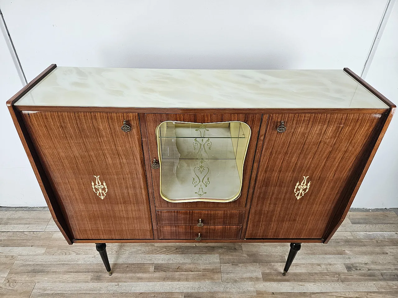 Mid Century showcase covered in mahogany with glass top 4