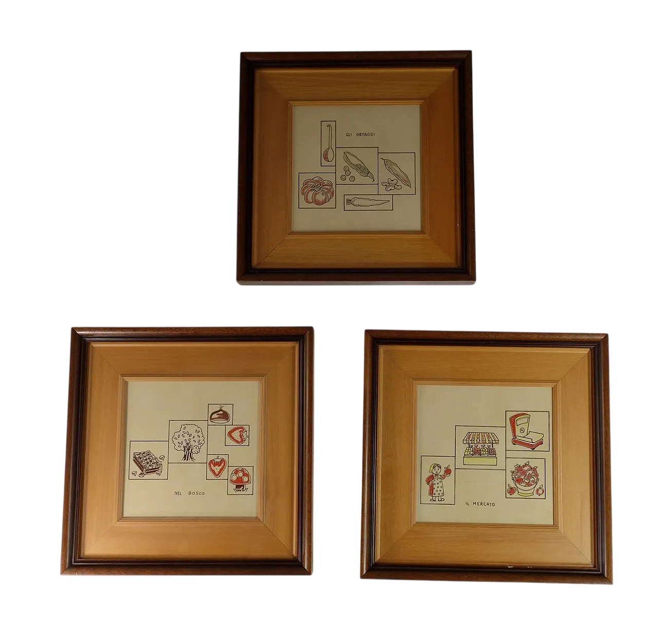 3 Piastrelle Art Naif in ceramica dipinta con verdure, anni '70 11