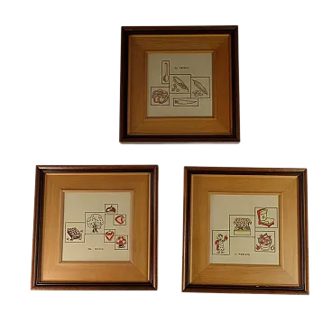 3 Piastrelle Art Naif in ceramica dipinta con verdure, anni '70
