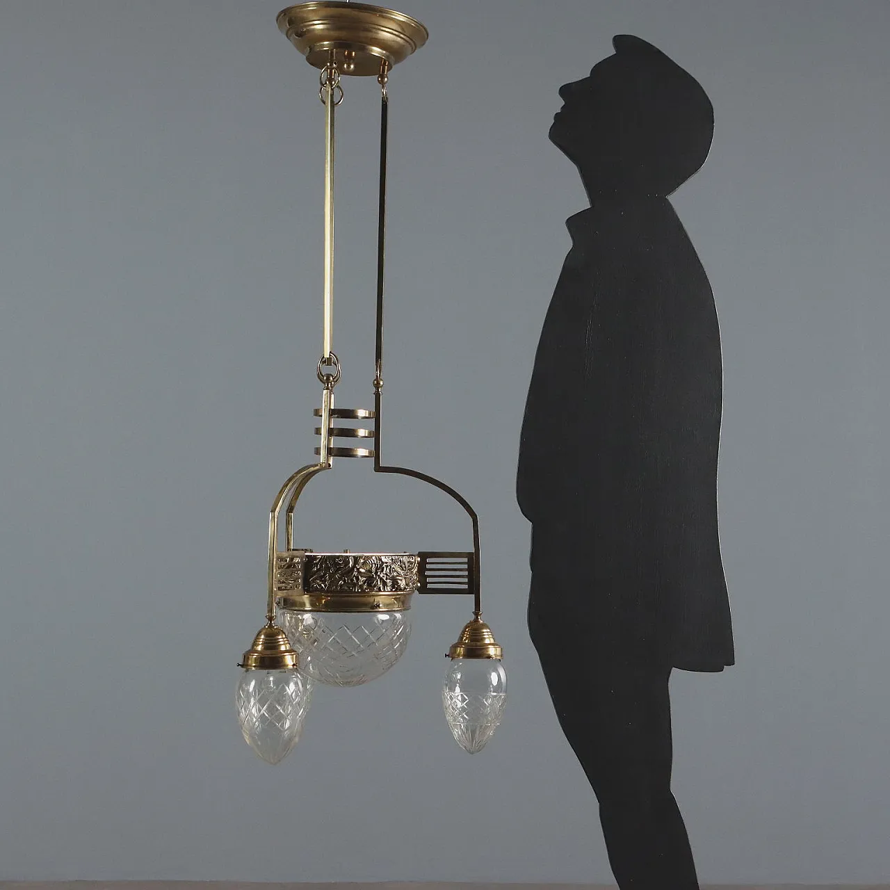 Lampadario Liberty in metallo e vetro a 4 luci, '900 2