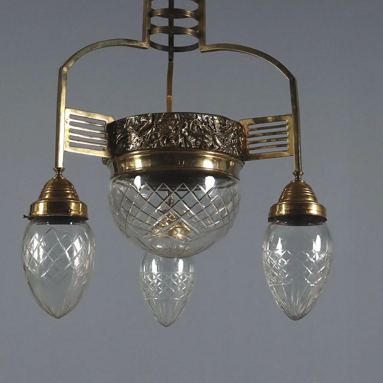 Lampadario Liberty in metallo e vetro a 4 luci, '900 3