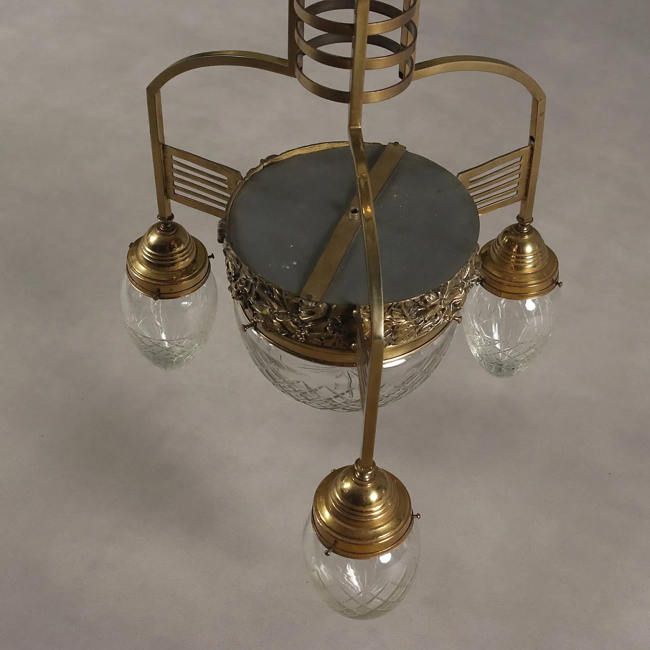 Lampadario Liberty in metallo e vetro a 4 luci, '900 8