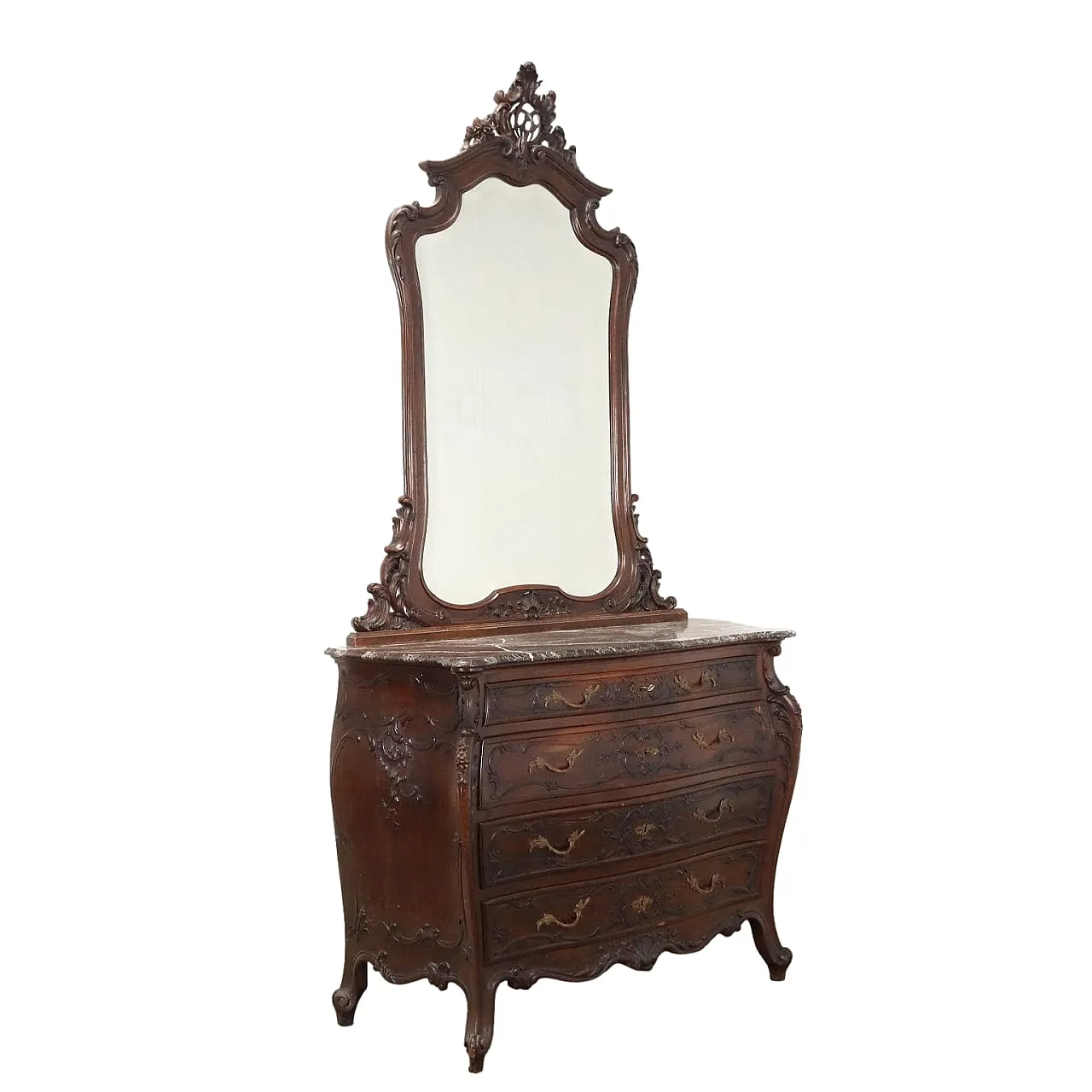 Comò in stile barocco in noce e marmo, '900 1