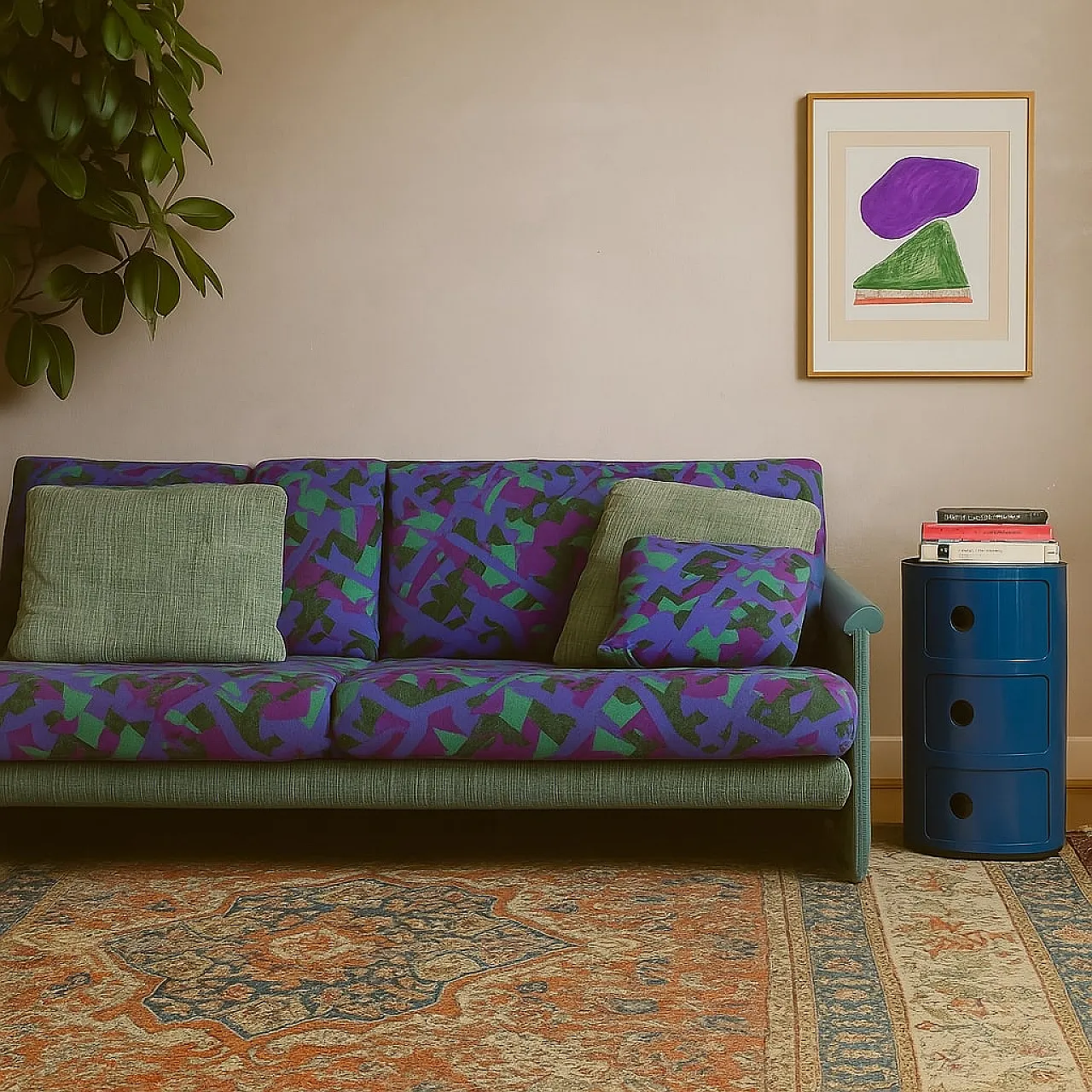 Divano 2 posti con cuscini fantasia in tessuto stampato, anni '80 2