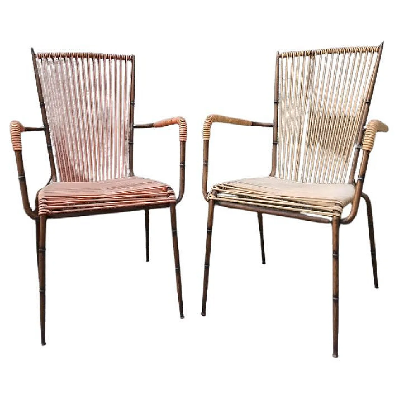 Pair of bamboo-like metal Edie Doncoc chairs, 1950s 1