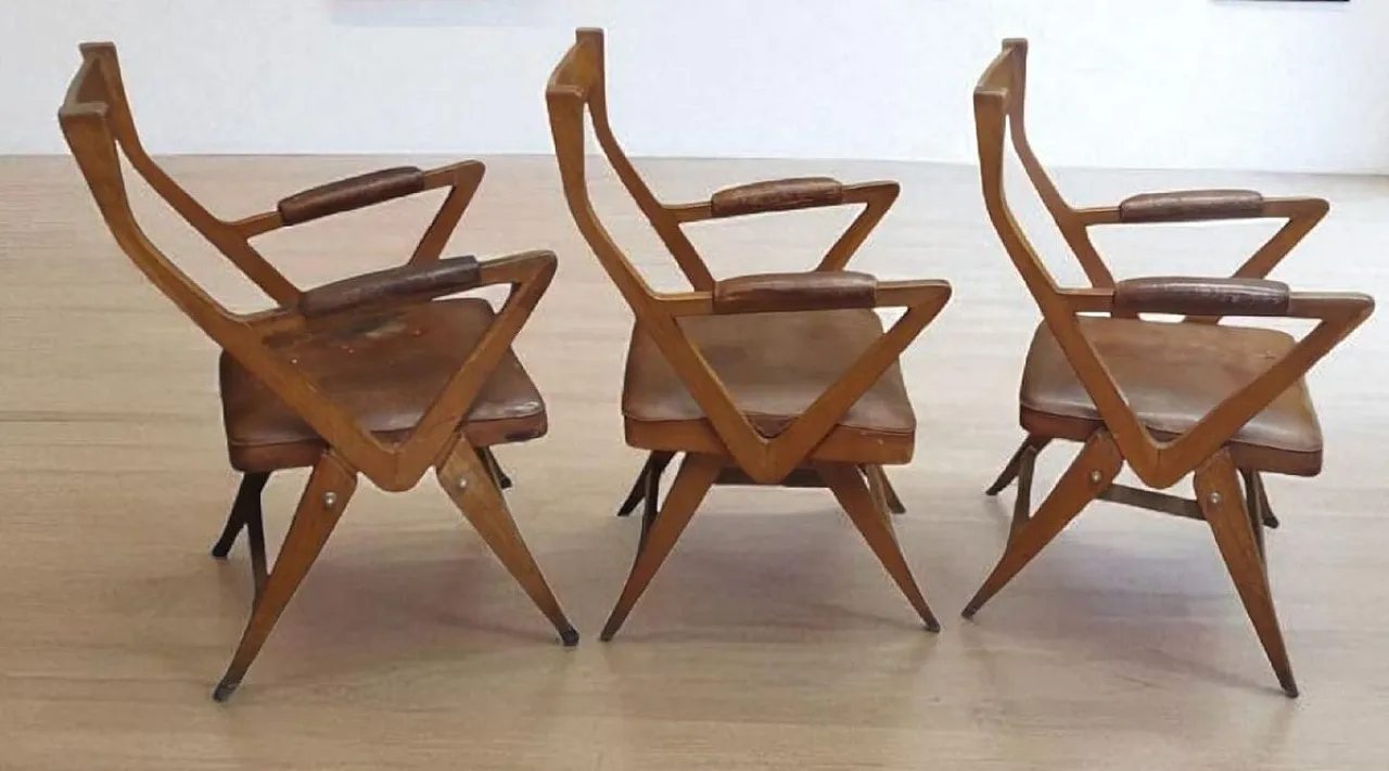 3 Oak and leather armchairs, 1950s 1