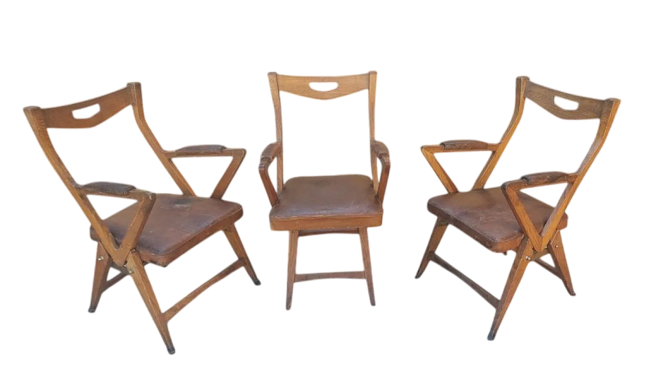 3 Oak and leather armchairs, 1950s 8