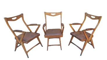3 Oak and leather armchairs, 1950s