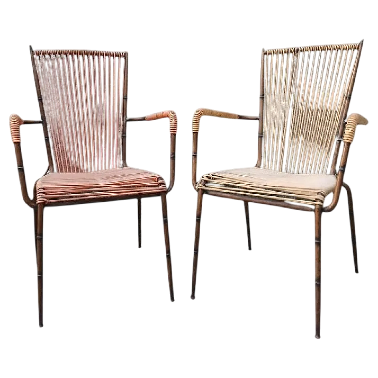 Pair of bamboo-like metal Edie Doncoc chairs, 1950s 10