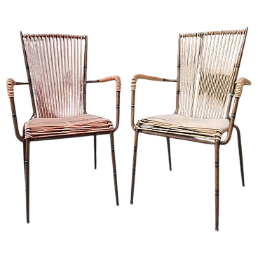 Pair of bamboo-like metal Edie Doncoc chairs, 1950s