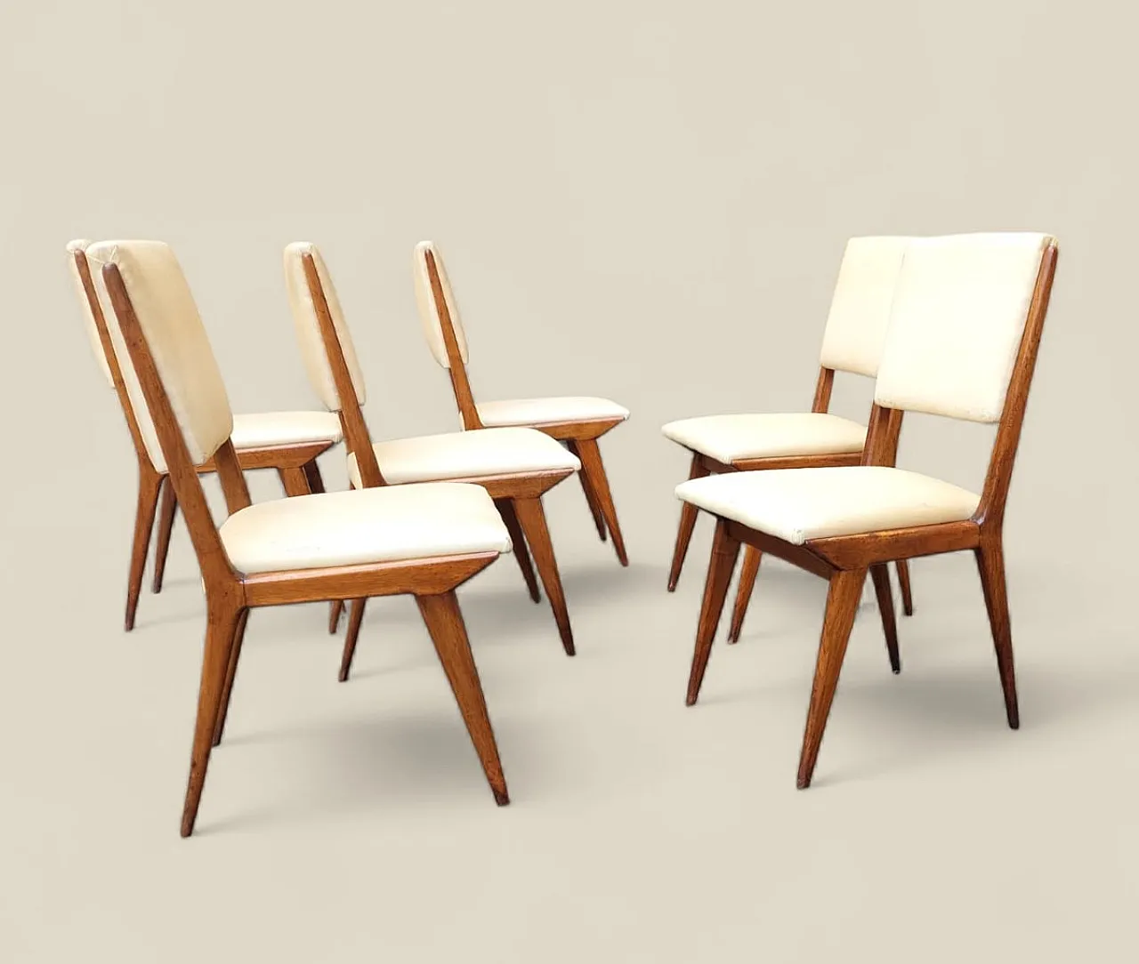 6 Chairs in wood and eco-leather, 1950s 1
