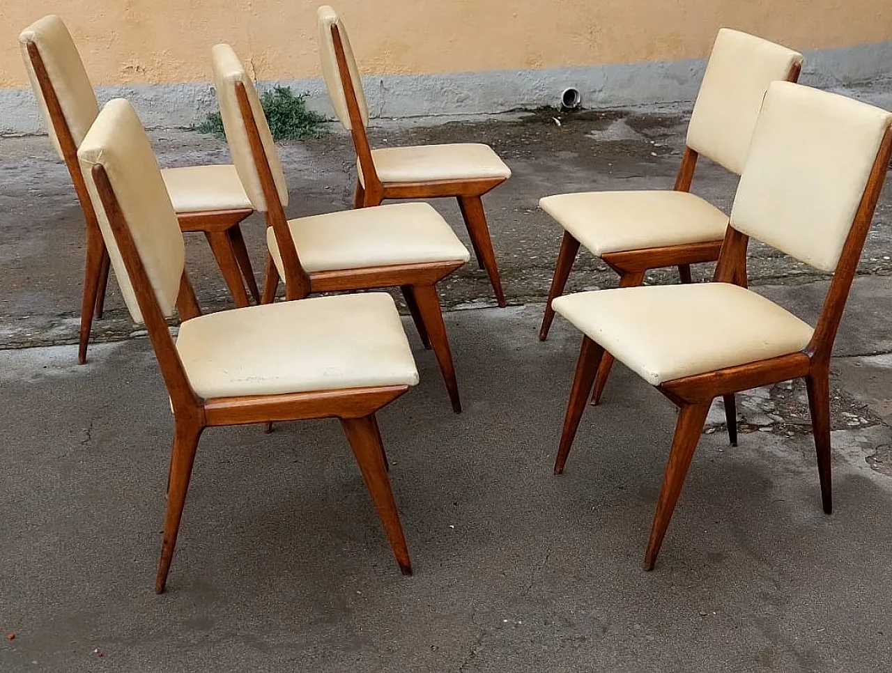 6 Chairs in wood and eco-leather, 1950s 10