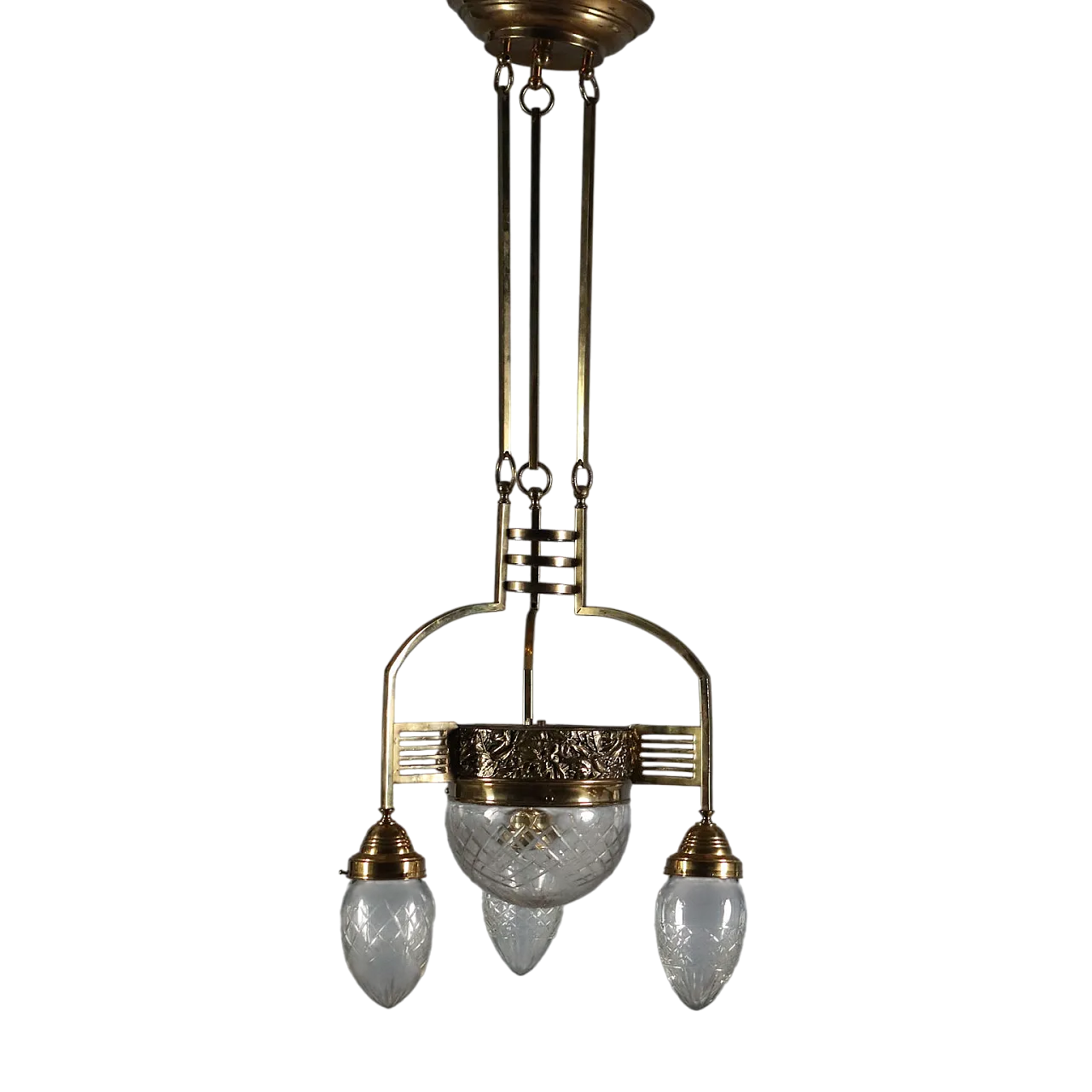 Lampadario Liberty in metallo e vetro a 4 luci, '900 10