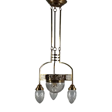 Lampadario Liberty in metallo e vetro a 4 luci, '900