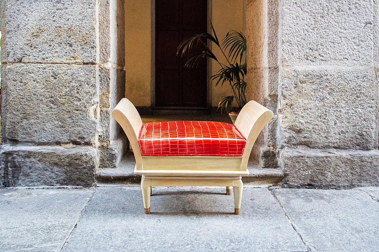 Coppia di sgabelli Art Deco in legno, ottone e pelle, anni '30 2