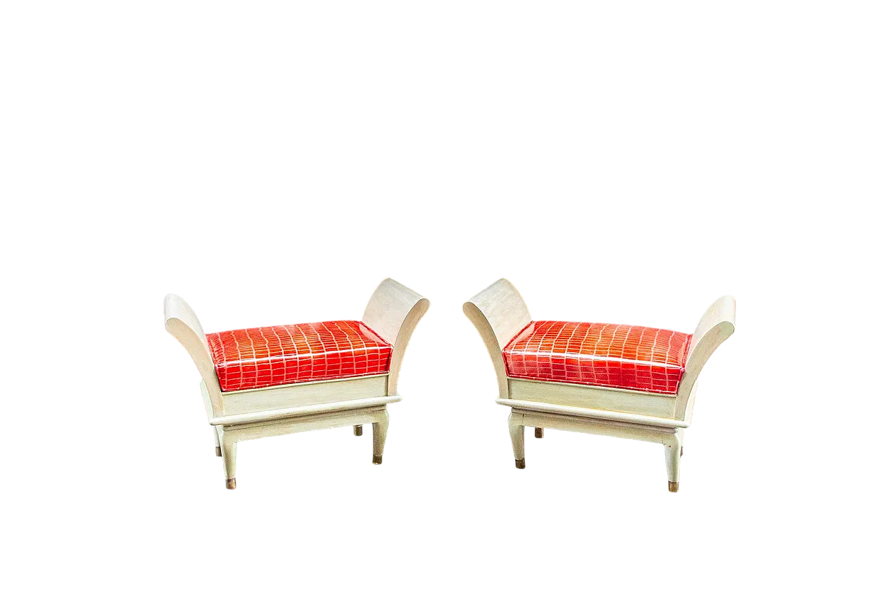 Coppia di sgabelli Art Deco in legno, ottone e pelle, anni '30 7