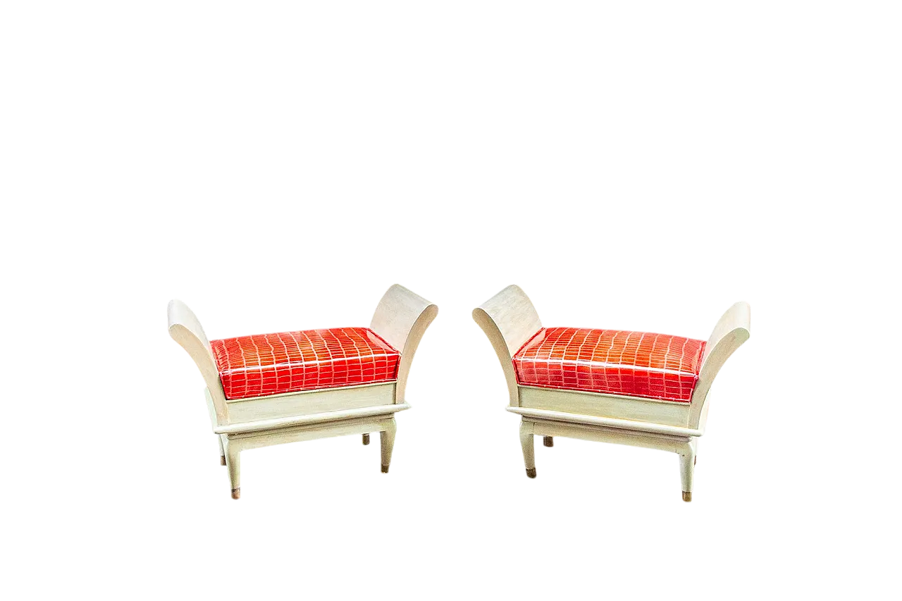 Coppia di sgabelli Art Deco in legno, ottone e pelle, anni '30 8