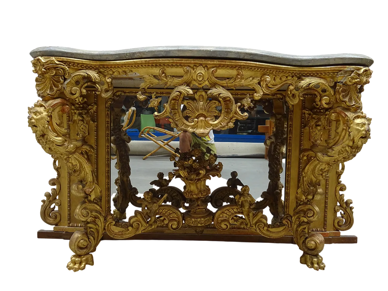 Carved gilded Piedmontese console in plaster, wood and mirro, '800 10