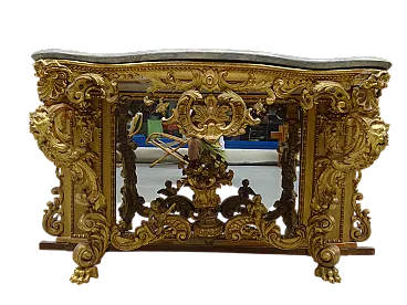 Carved gilded Piedmontese console in plaster, wood and mirro, '800