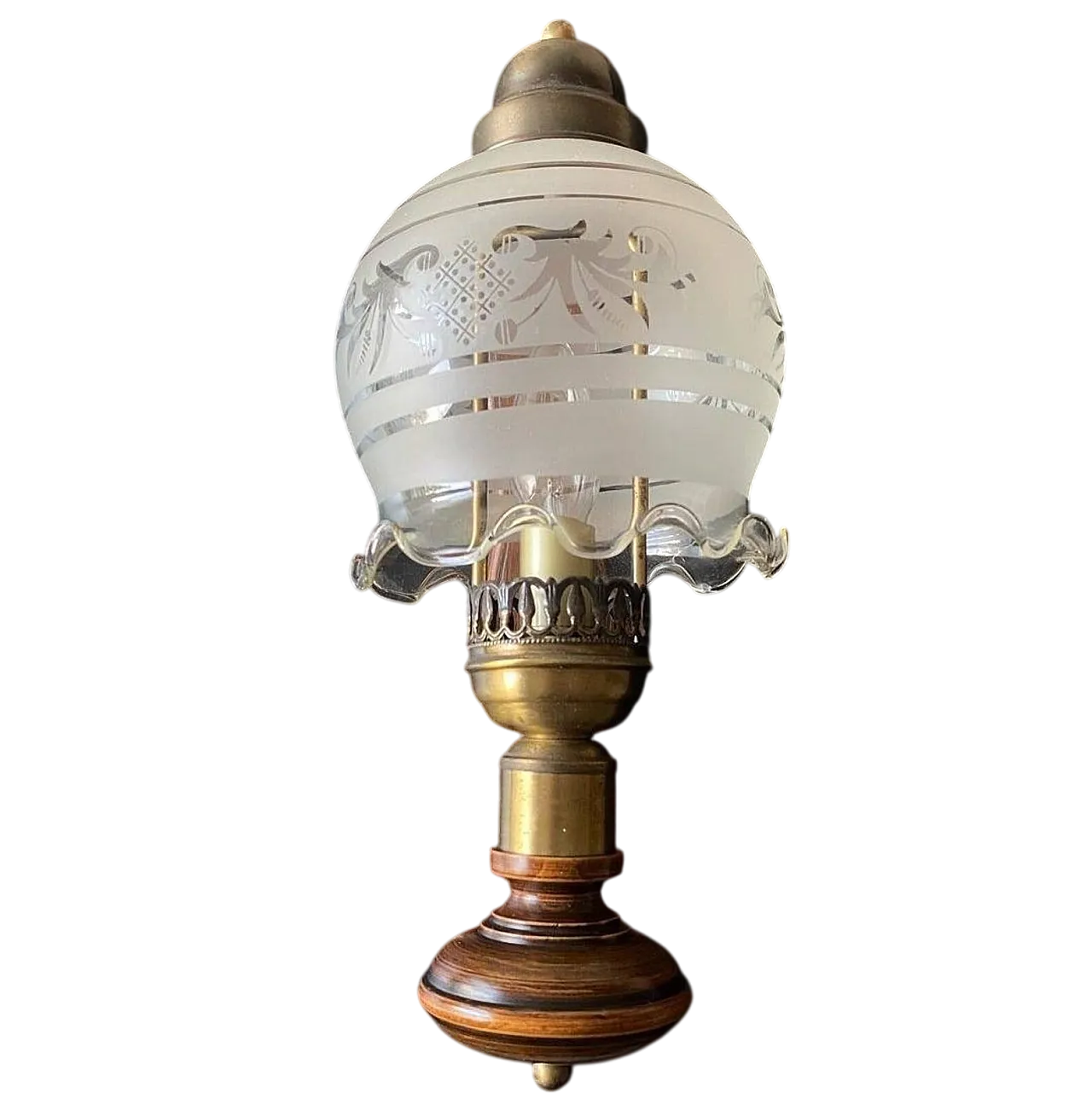 Applique in legno e ottone con lampada in vetro satinato, anni '70 5