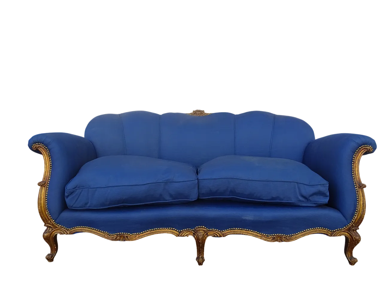 Louis XV style sofa gilded with blue padding, 20th century 5