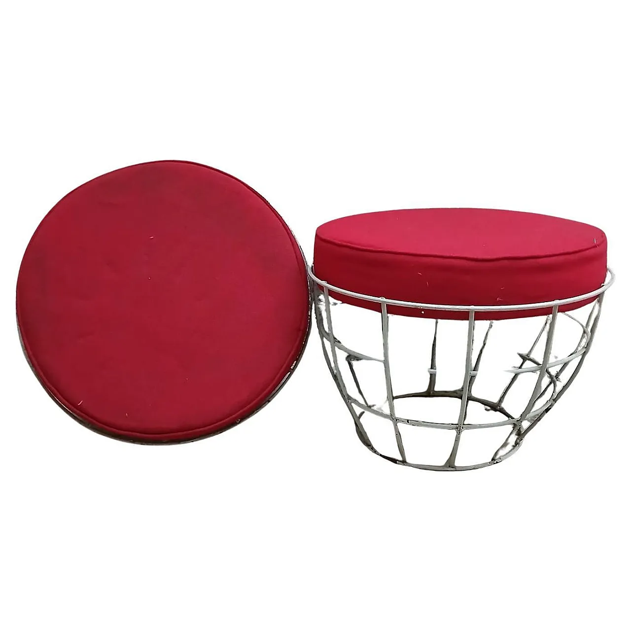 Pair of basketball poufs in painted metal and red cushions, 1960s 1
