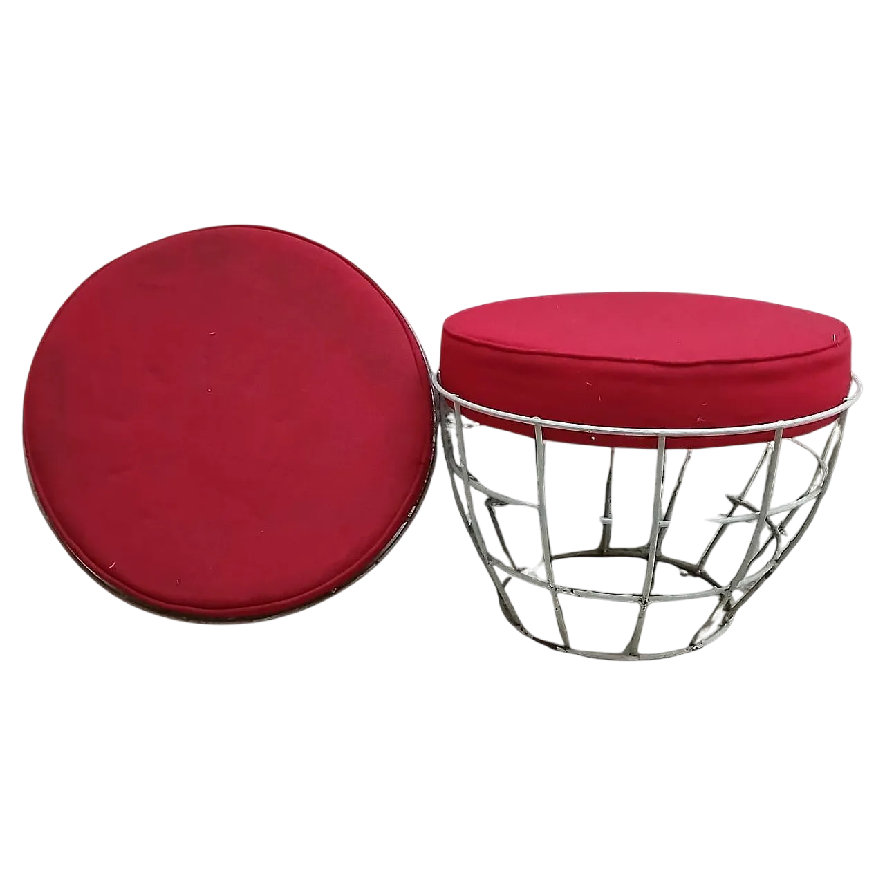 Pair of basketball poufs in painted metal and red cushions, 1960s 8