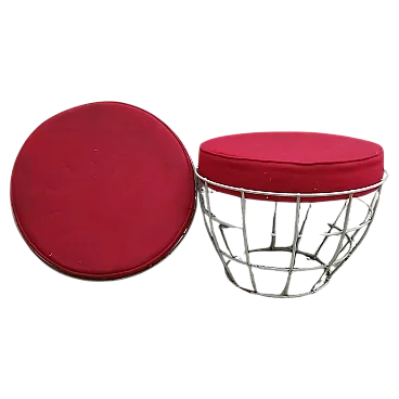 Pair of basketball poufs in painted metal and red cushions, 1960s