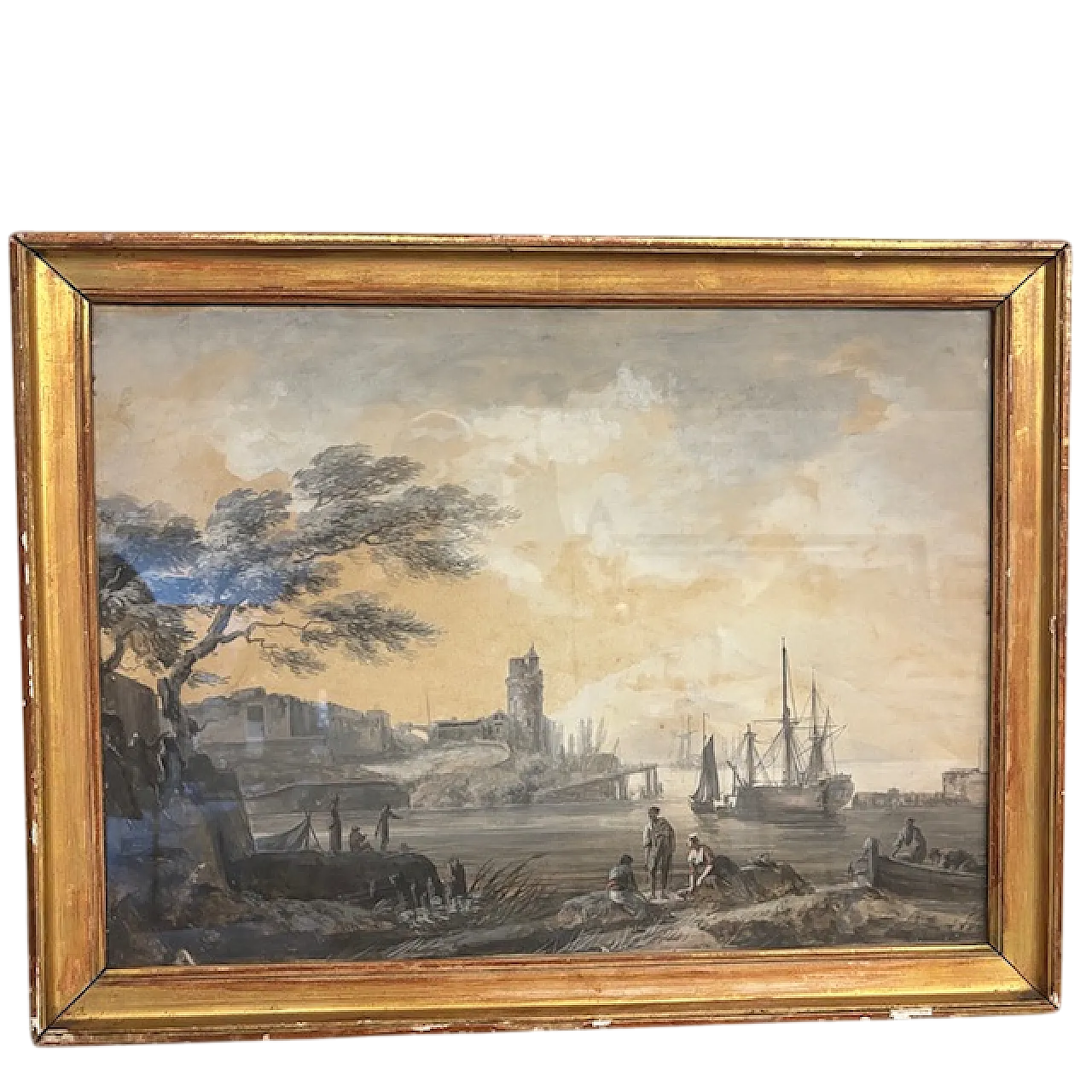 Marina, scena portuale, dipinto a grisaglia su carta, '700 13