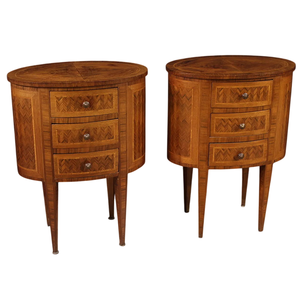 Pair of inlaid oval bedside tables, 20th century 13