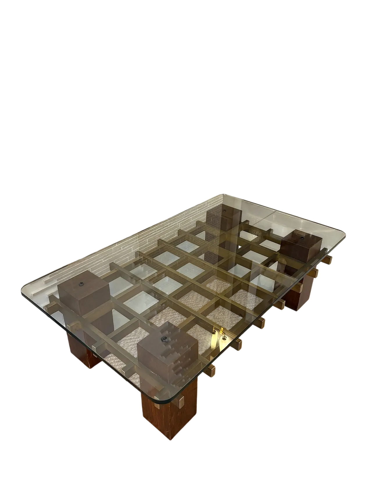 Tavolino da caffè in ottone, legno e vetro, metà '900 11