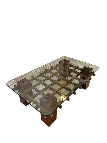 Tavolino da caffè in ottone, legno e vetro, metà '900