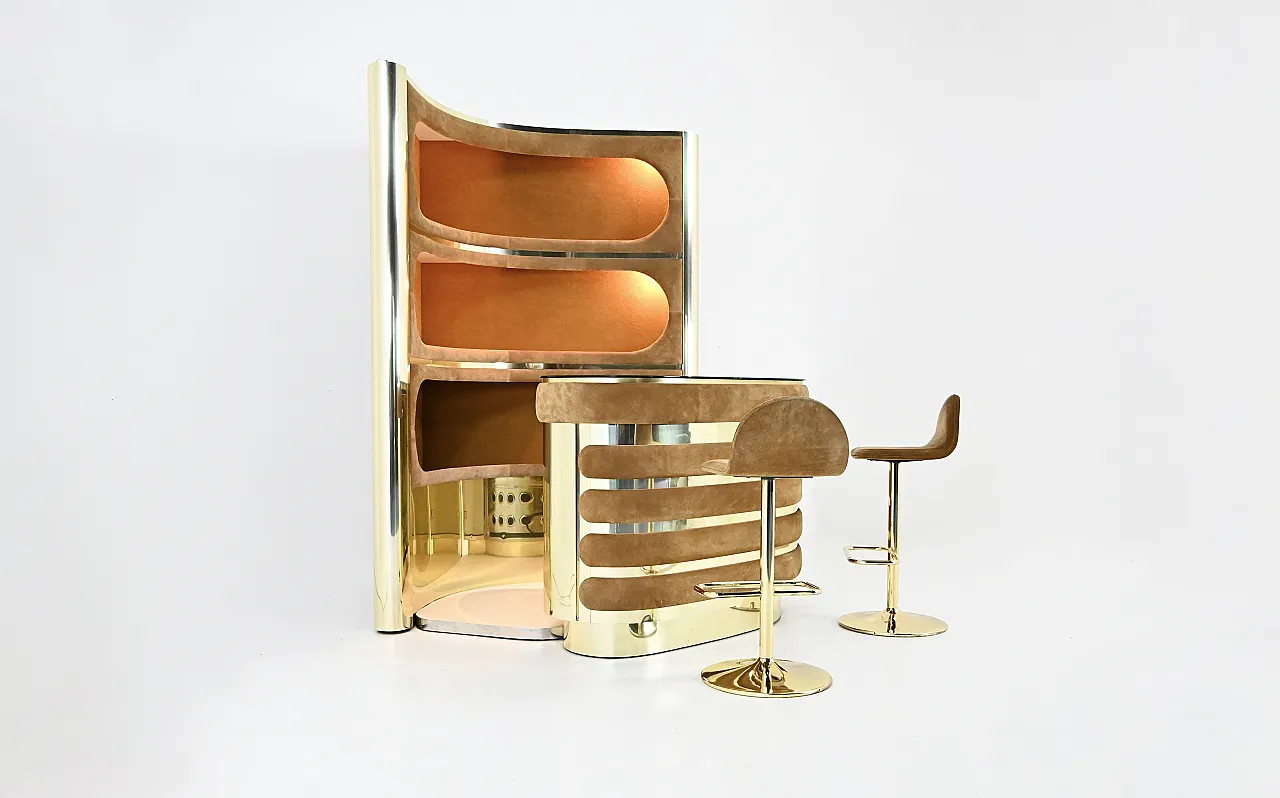 Set da bar con 2 sgabelli attribuiti a Willy Rizzo, anni '70 4