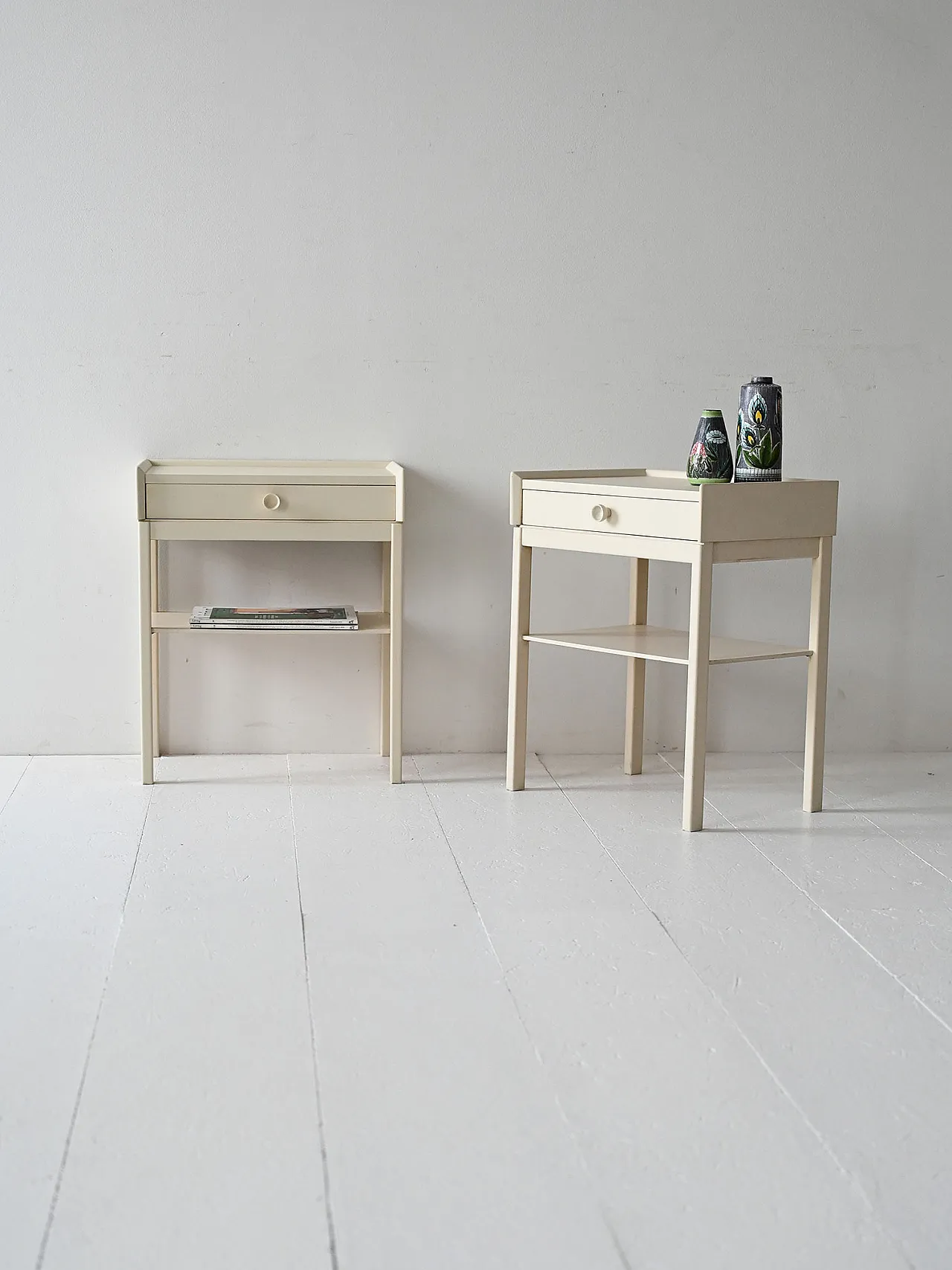 Scandinavian bedside tables white lacquers, 60s 1