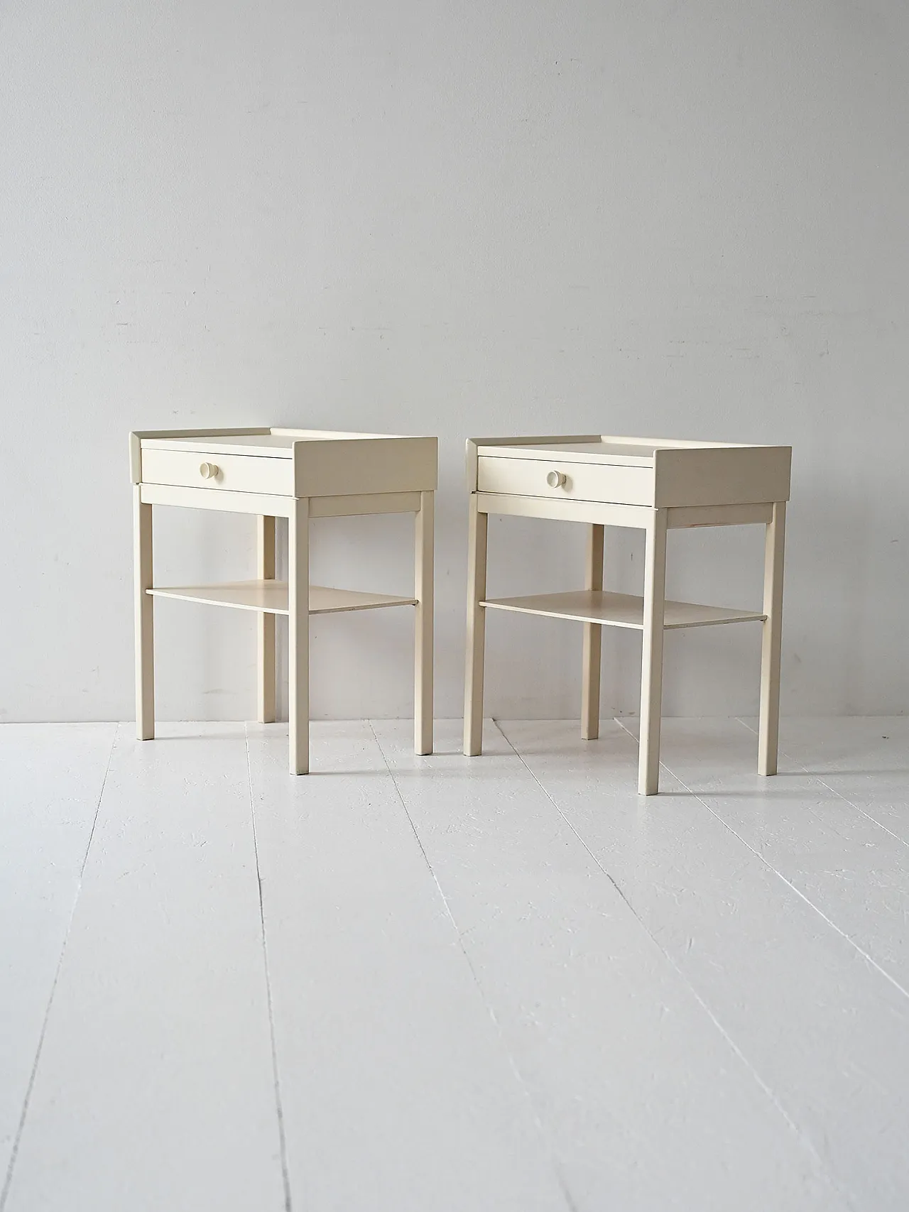 Scandinavian bedside tables white lacquers, 60s 3