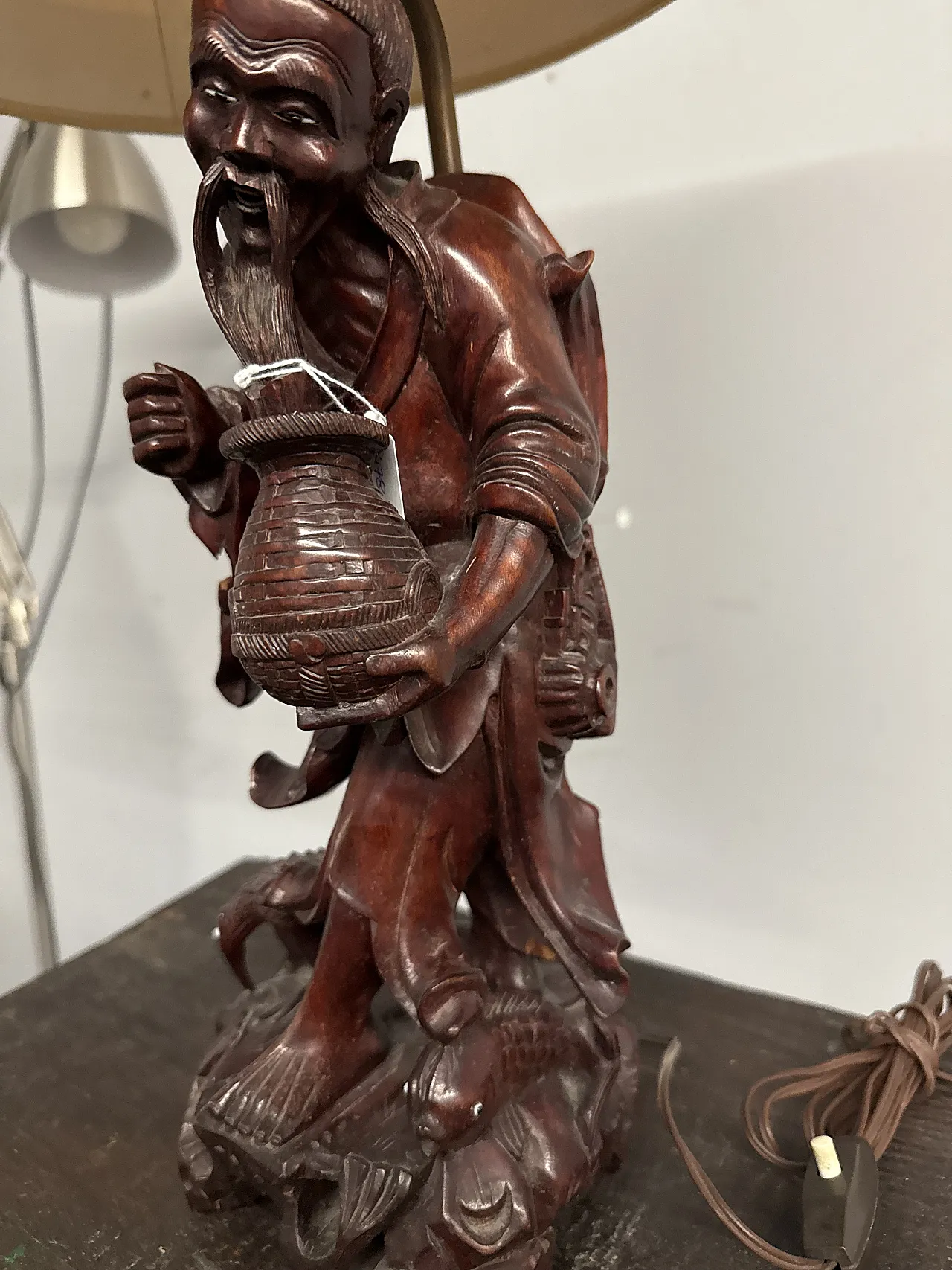 Scultura a lampada in legno cinese personaggio, '900 4