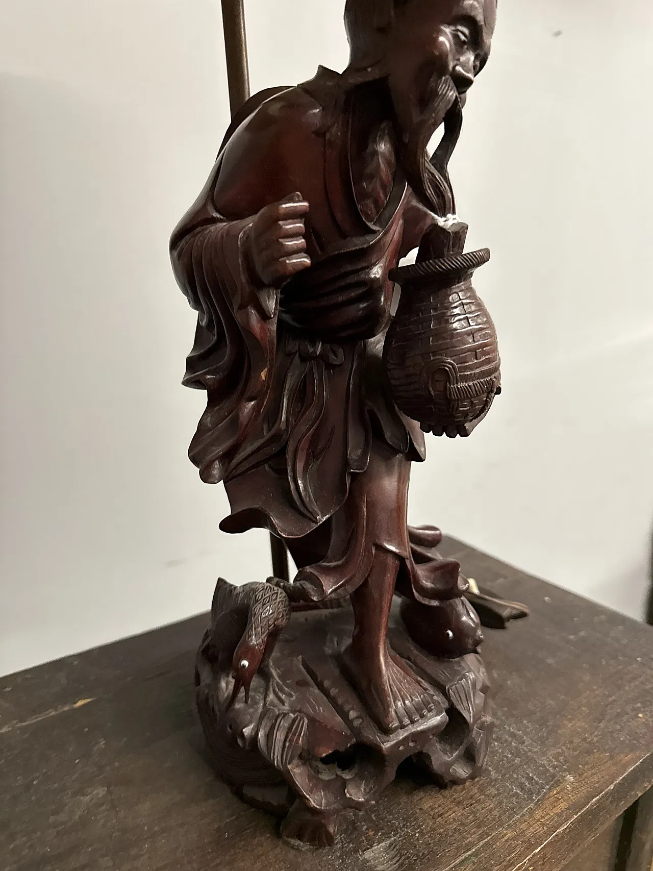 Scultura a lampada in legno cinese personaggio, '900 7