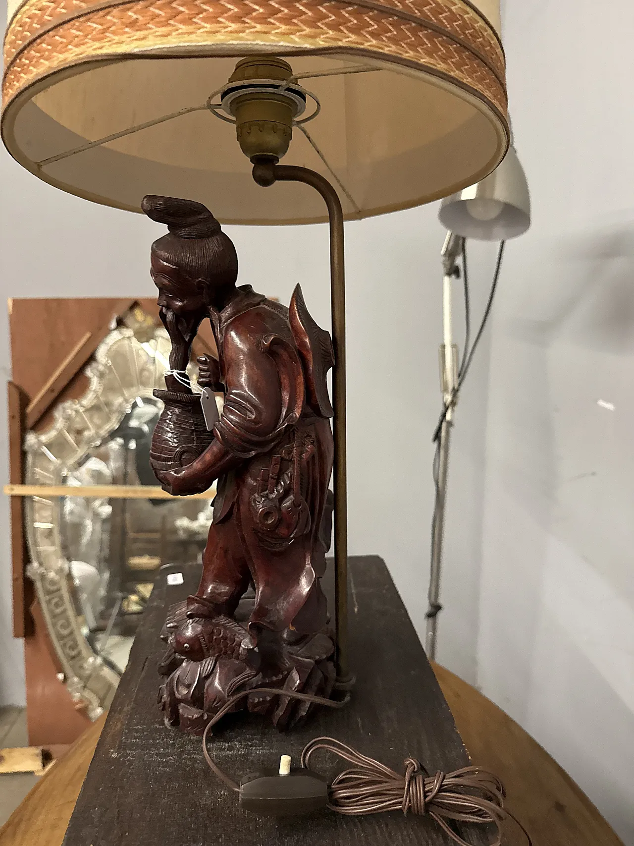 Scultura a lampada in legno cinese personaggio, '900 10