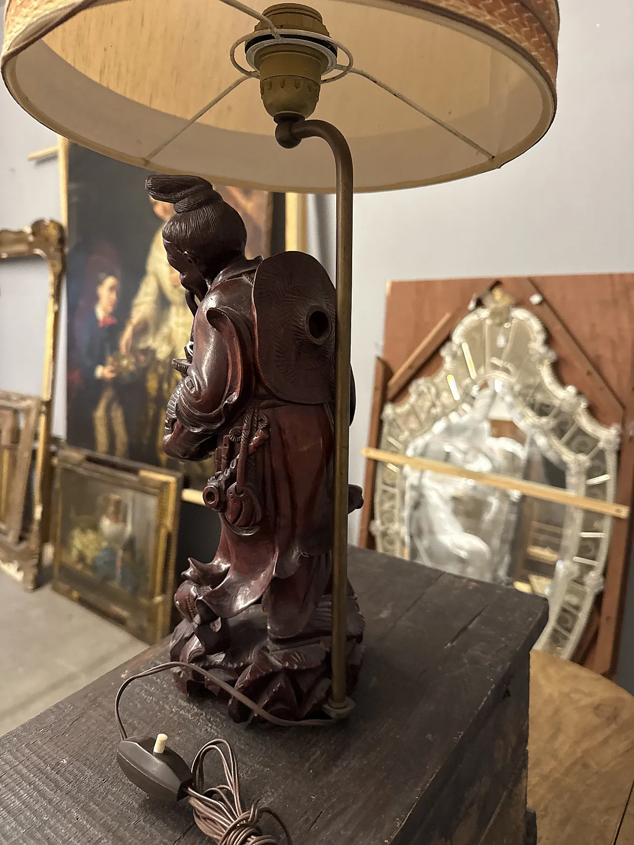 Scultura a lampada in legno cinese personaggio, '900 11