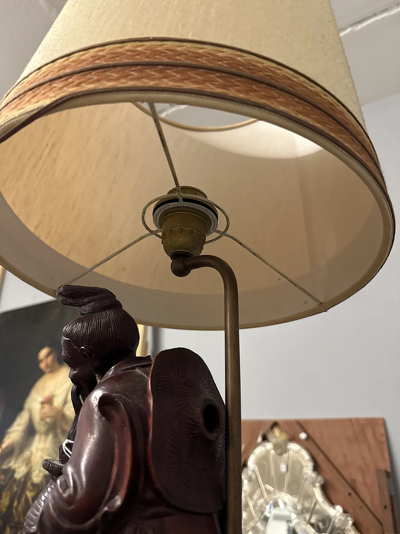 Scultura a lampada in legno cinese personaggio, '900 12